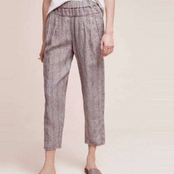 Hei Hei Anthropologie Coastal Striped 100% Linen Pull On Crop Pants Pocket - Picture 1 of 8